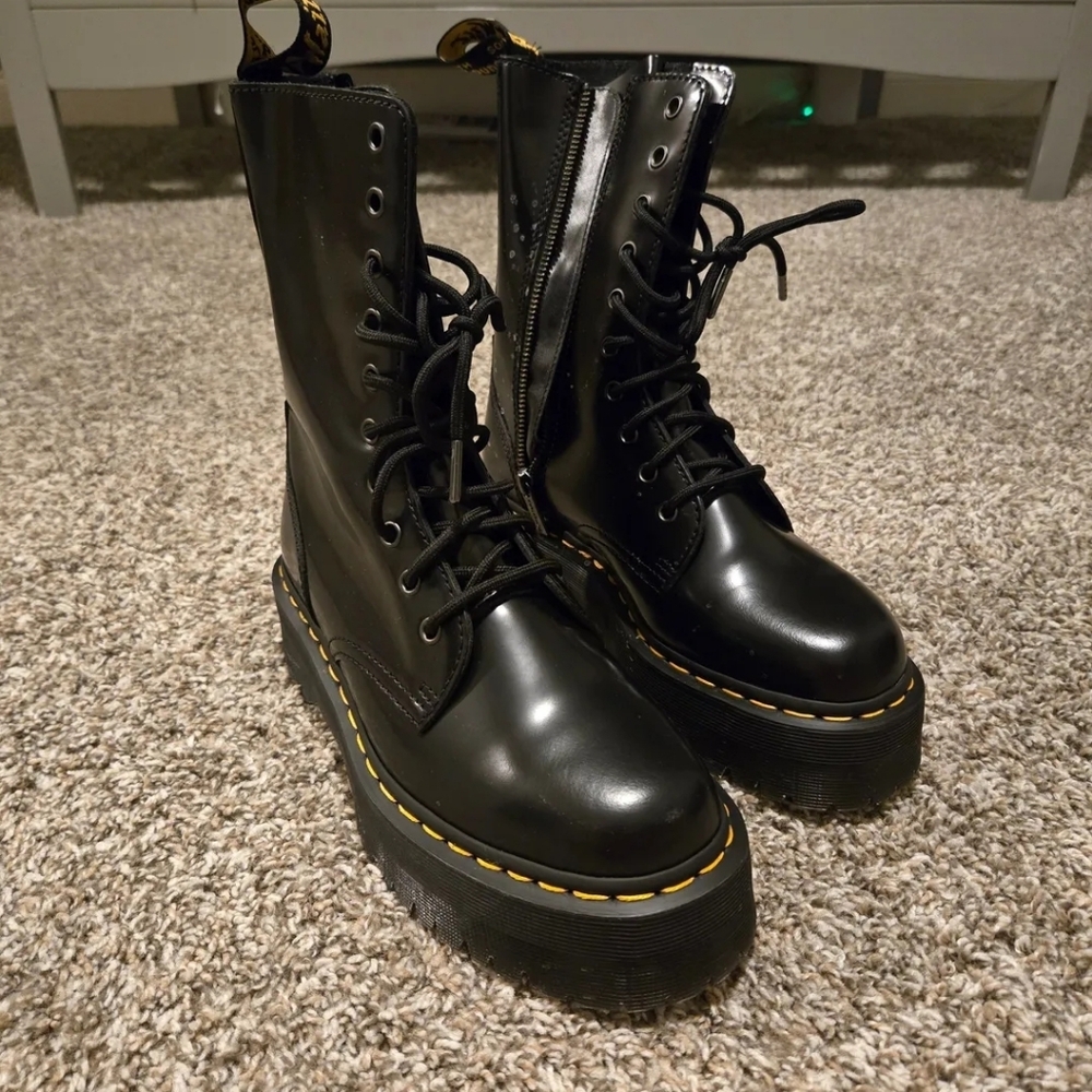 Dr. Martens Black Platform Lace-Up Boots with Yellow Stitching